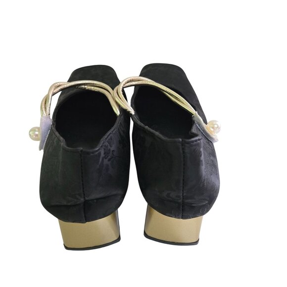 Jaquard Satin Gold Block Heel Cap Toe Pearl Detail Maryjane Shoes Size 40/9.5 - Picture 5 of 10
